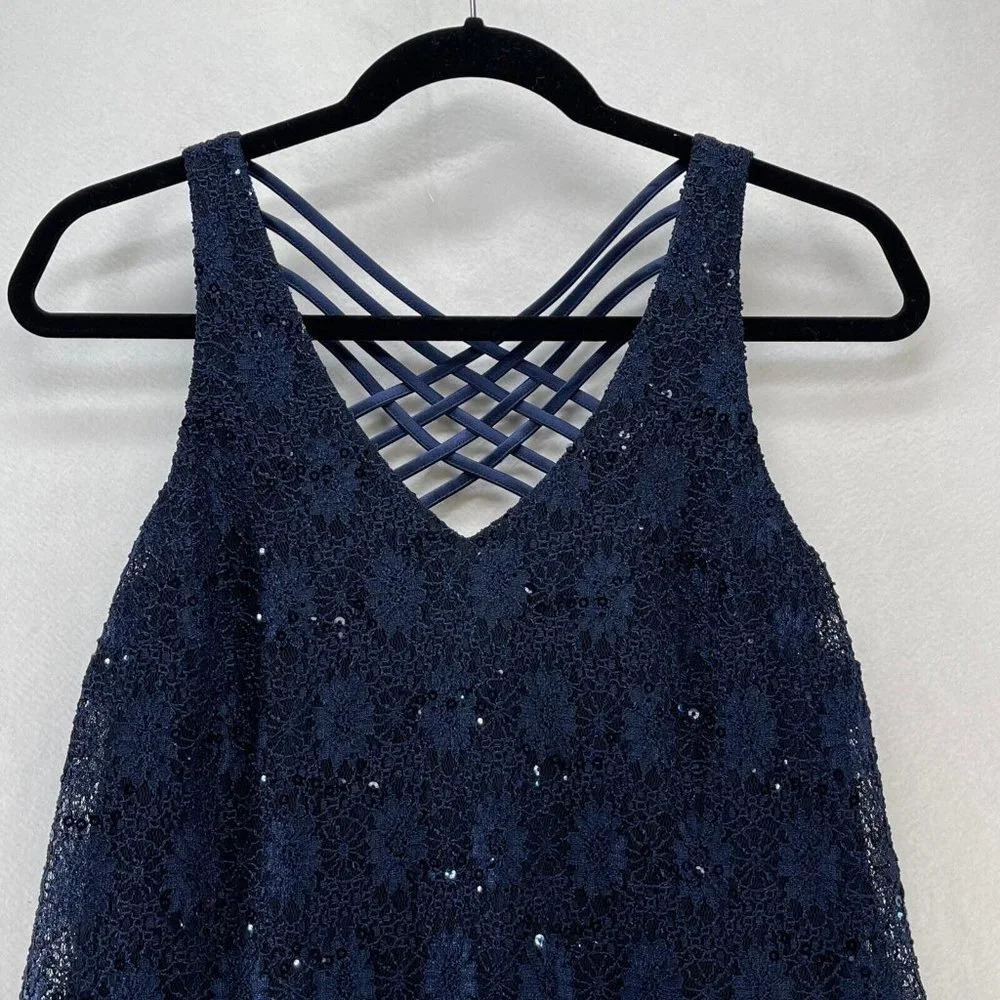Sequin Hearts Mini Dress Womens Sz S A-Line Floral Lace Overlay Sleeveless Blue - Picture 3 of 10